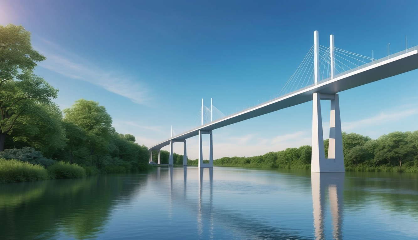 Modern cable-stayed bridge spanning a river, surrounded by lush green trees