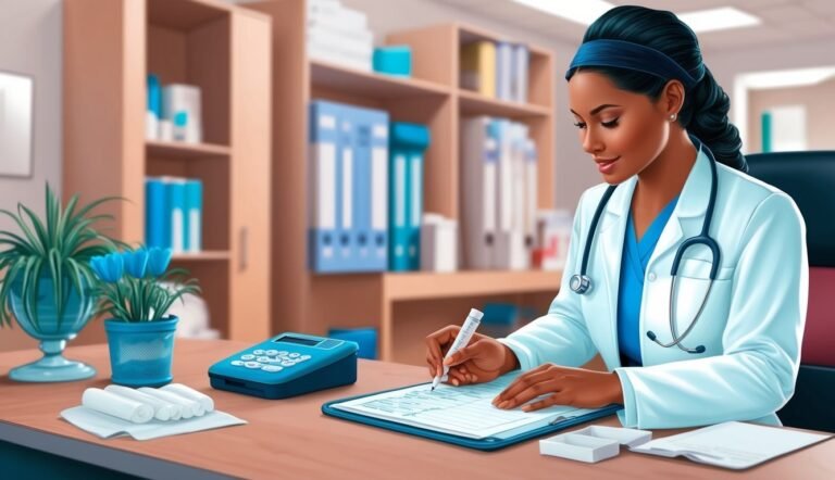 A doctor in a white coat writing on a clipboard at her desk
