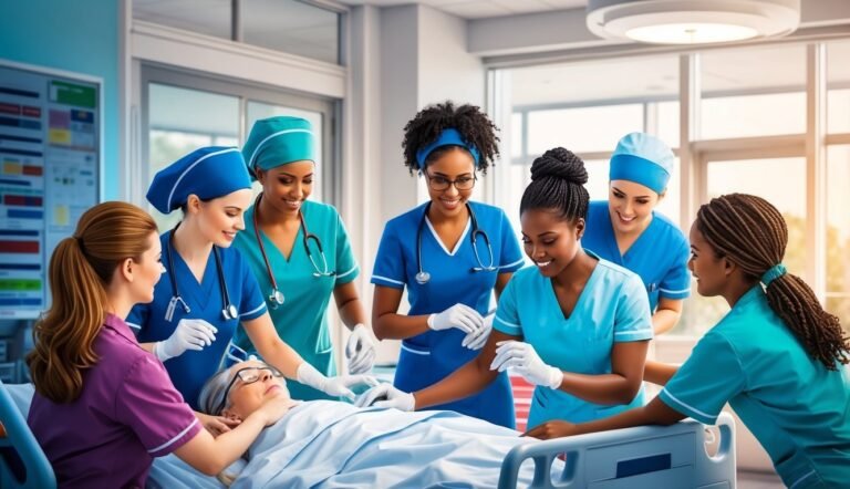 Nurses tending to a patient in a hospital bed, smiling and working together