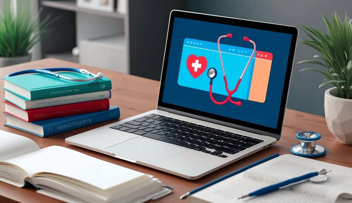 Laptop with medical icon, books, stethoscope, and study materials on a desk
