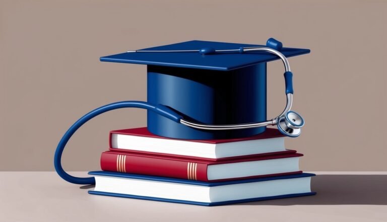 Graduation cap, stethoscope, and books stacked, representing medical education