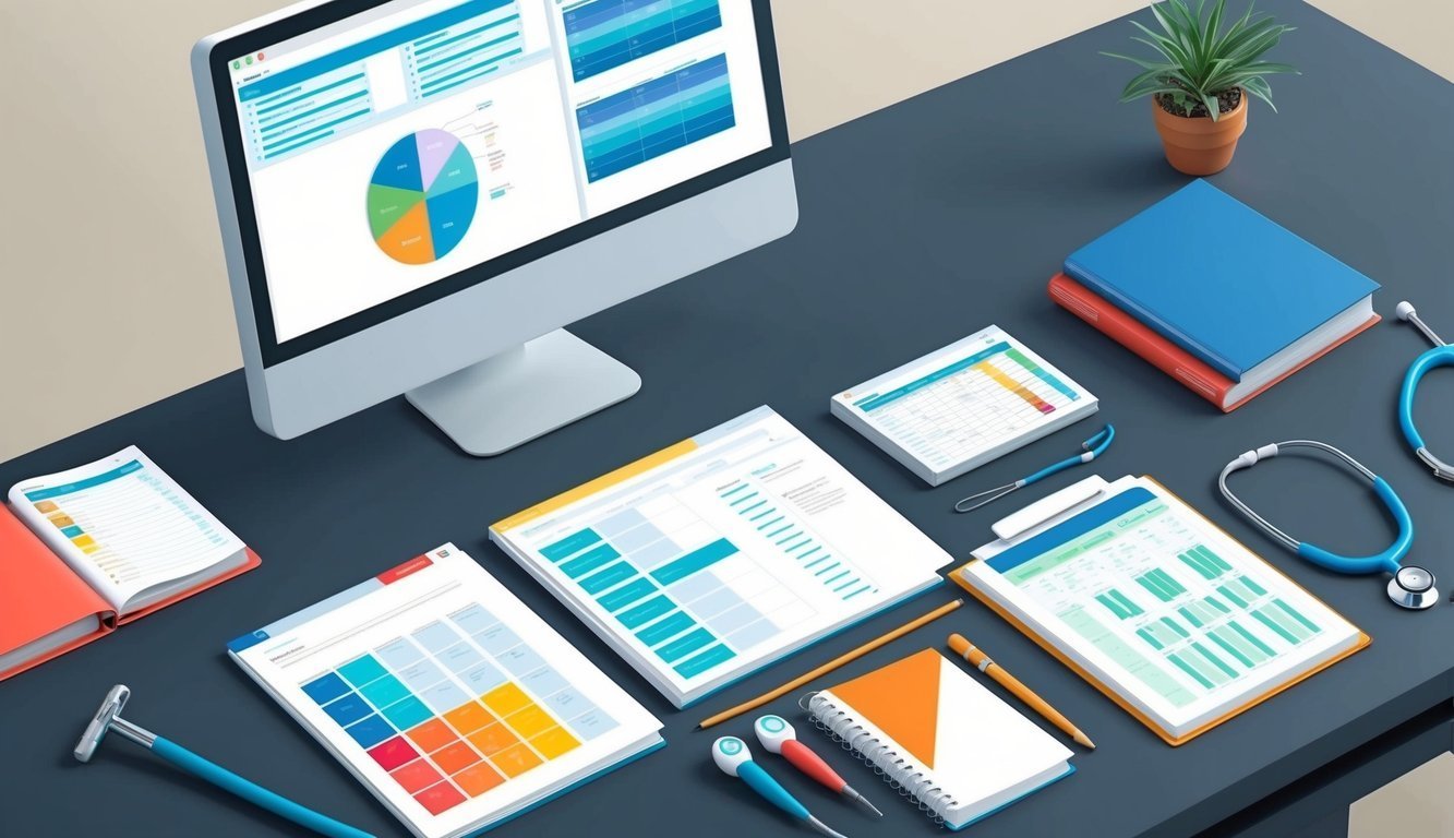 Desktop with computer, charts, medical tools, and paperwork