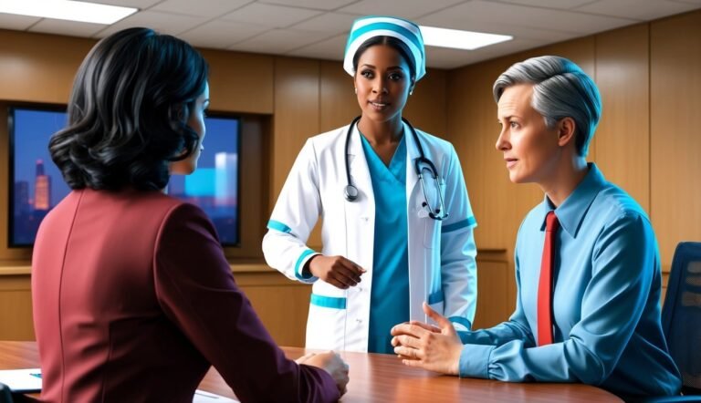 Nurse and two patients in a meeting, discussing health concerns