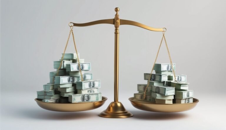 Golden scales balancing stacks of US hundred dollar bills