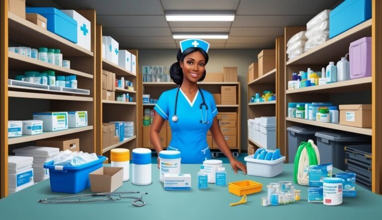 Smiling nurse in a pharmacy surrounded by shelves of medications and supplies