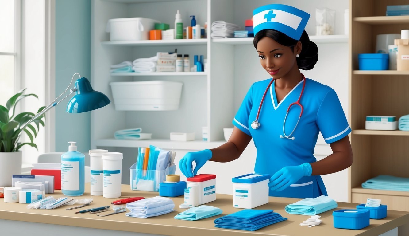 Nurse in blue uniform arranging medical supplies on a counter