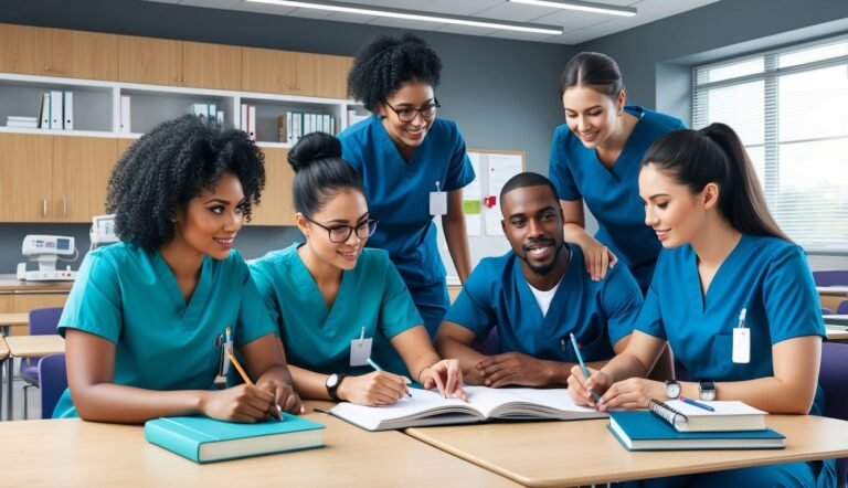 Group of medical students in scrubs studying together at a table