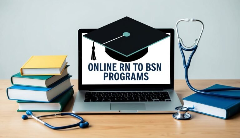 Laptop with "Online RN to BSN Programs" text, books, and stethoscope