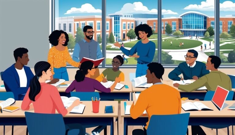 Diverse group of students in a classroom with a view of a campus