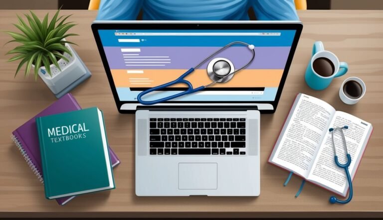 Laptop, stethoscope, medical textbooks, and coffee on a wooden desk