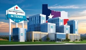 Best Nursing Schools in Texas" sign with hospitals and Texas flag background