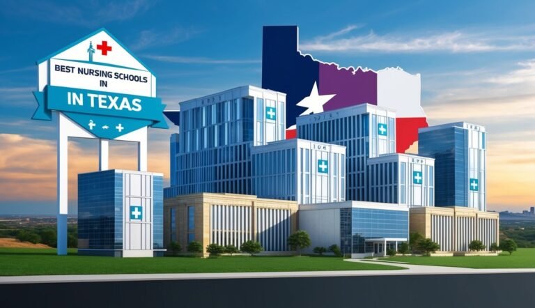 Best Nursing Schools in Texas" sign with hospitals and Texas flag background