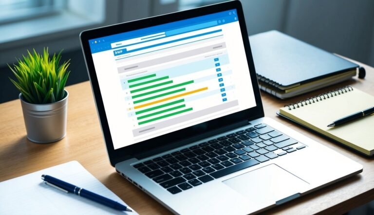 Laptop displaying a chart, with notebooks, pen, and plant on a wooden desk