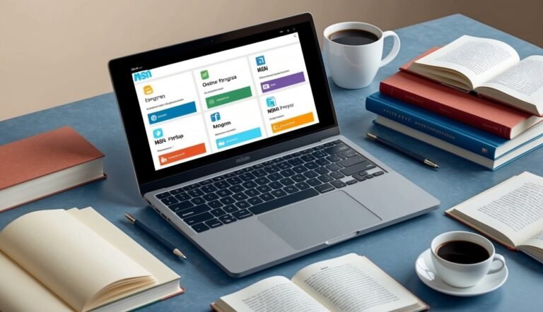 Laptop with MSN website open, surrounded by books, coffee, and pens on a desk