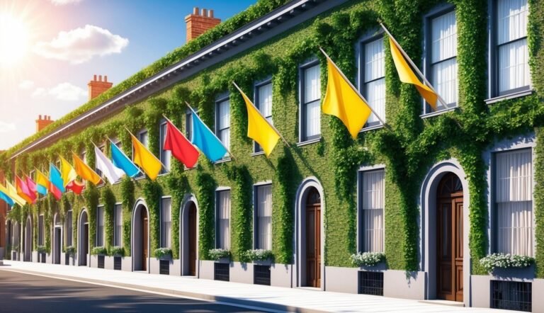 Building covered in ivy with colorful flags waving in the wind