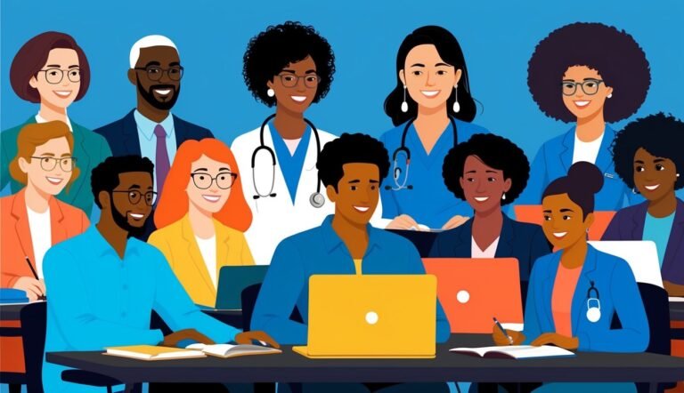 Diverse group of medical professionals and students smiling, working on laptops and books