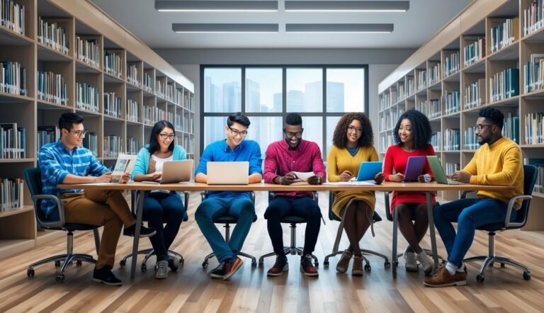 Group of diverse students working together at a library table