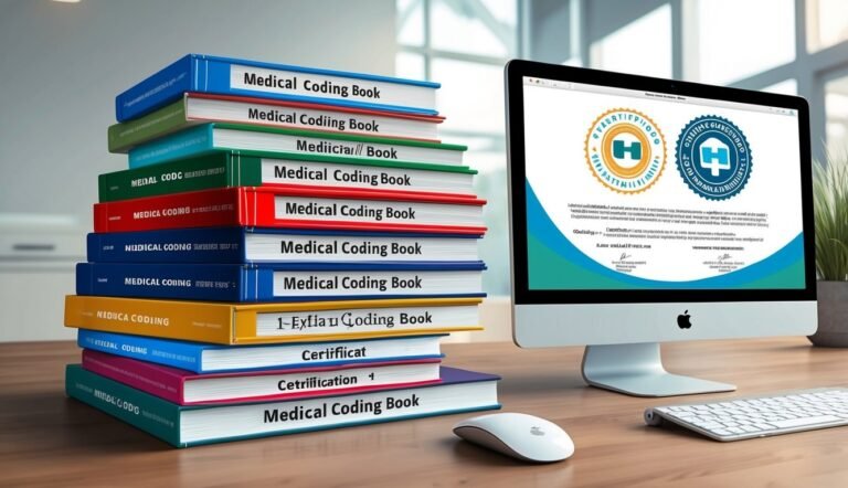 Stack of medical coding books next to a computer screen