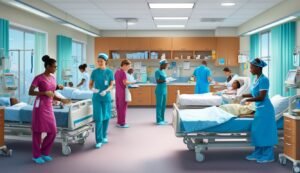 Hospital room with nurses attending to patients in beds