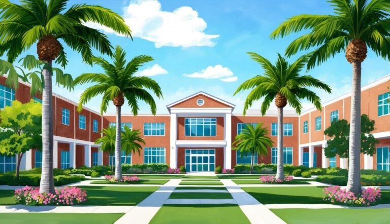 Cartoon illustration of a brick building with palm trees and a blue sky