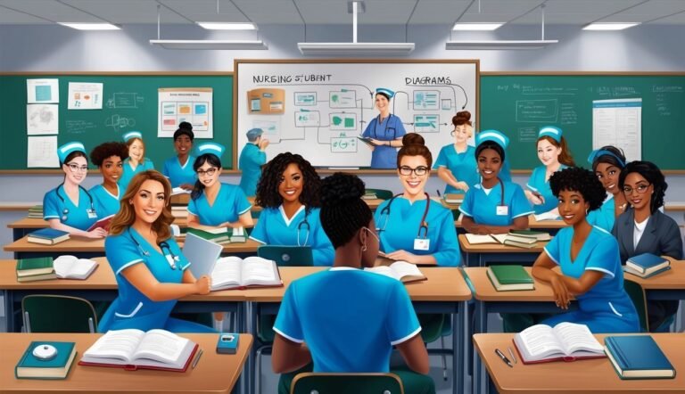 Nursing students in a classroom, studying with books and a whiteboard