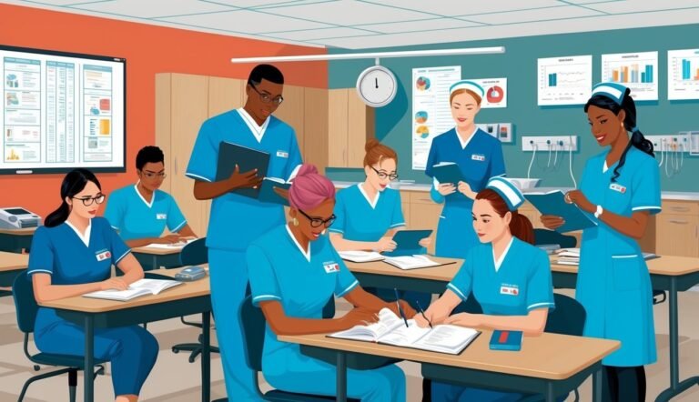 Nurses in blue scrubs studying and taking notes in a classroom setting