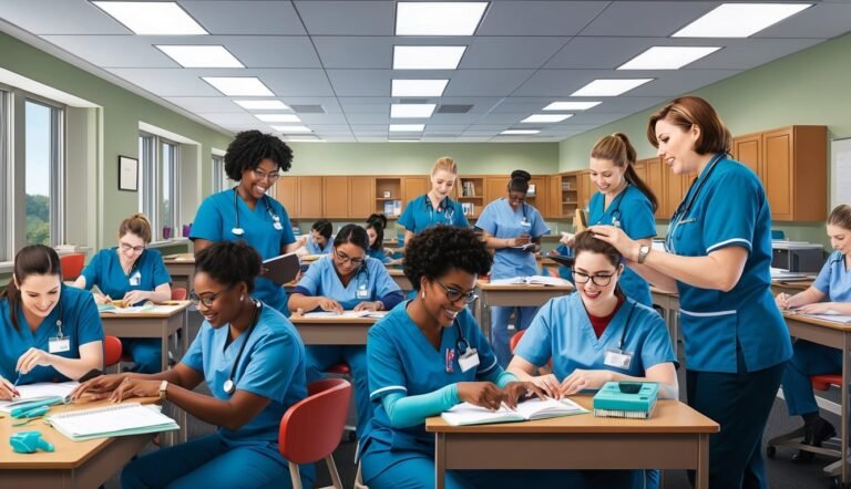 Nursing students in scrubs study in a classroom with an instructor