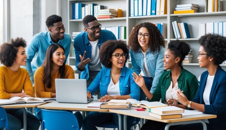 Group of diverse students collaborating around a laptop, smiling and laughing