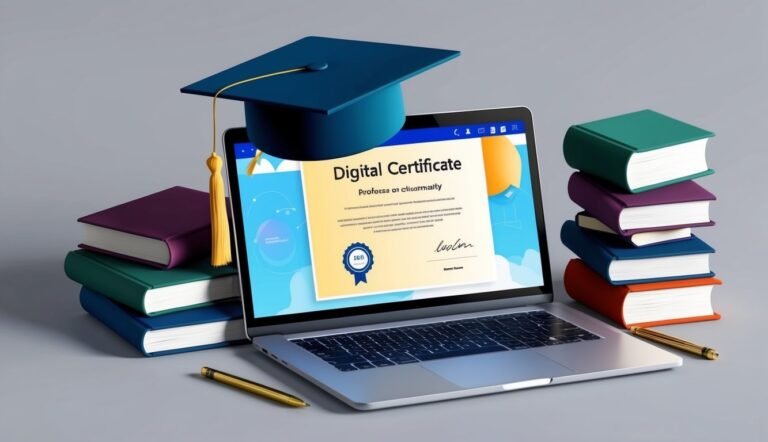 Laptop with digital certificate, graduation cap, and stack of books