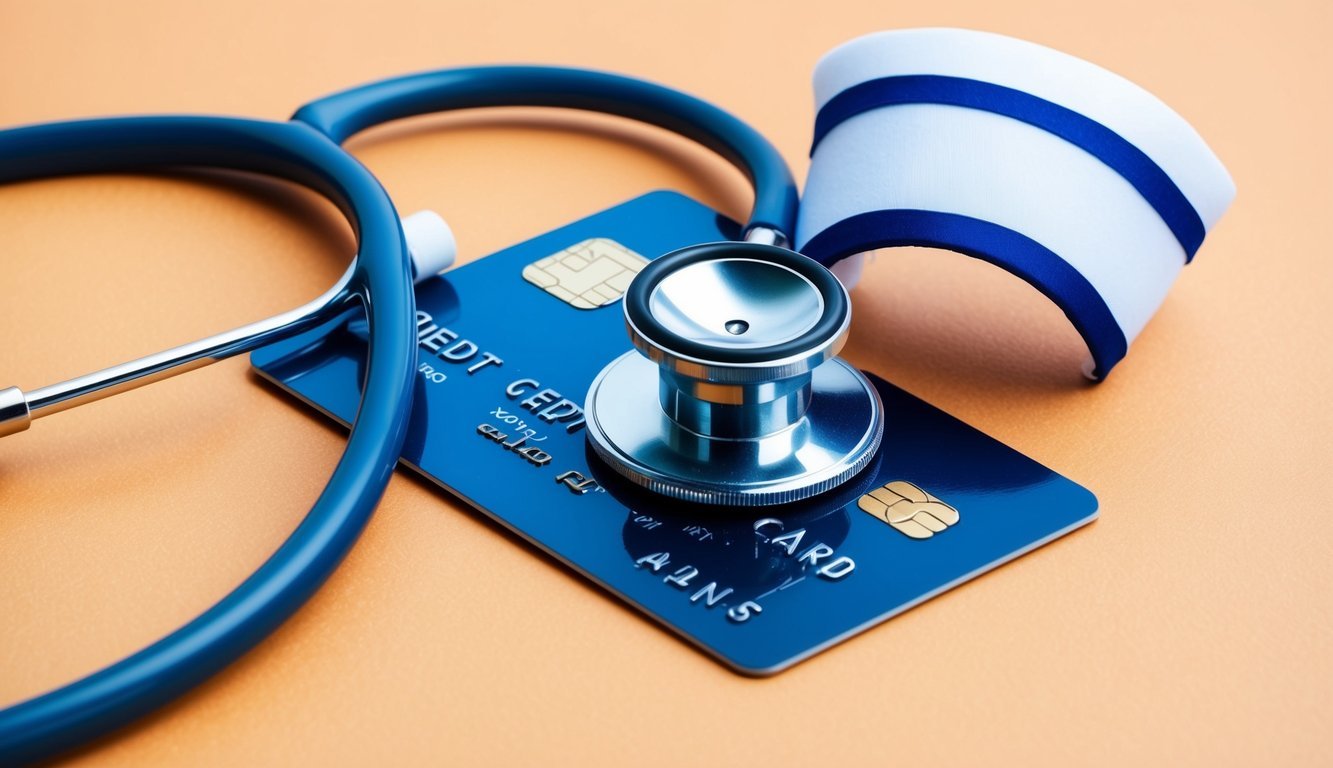 Stethoscope, credit card, and nurse's cap on an orange background