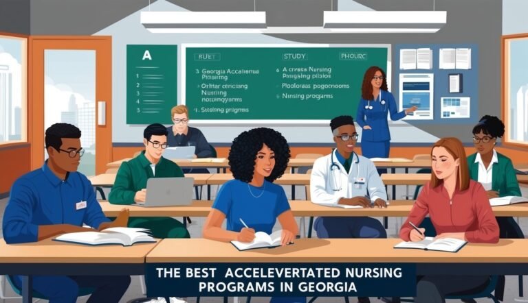 Nursing students in a classroom with a teacher and study notes on the board