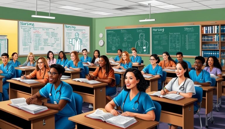 Nursing students in a classroom, studying and taking notes, with whiteboards and books