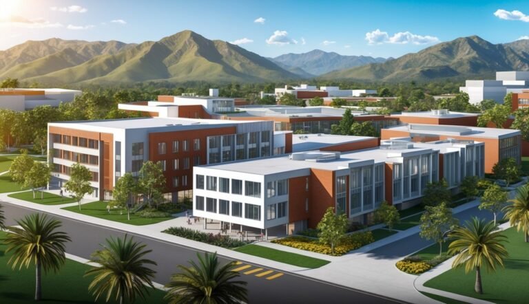 Modern campus buildings with mountains in the background, sunny day