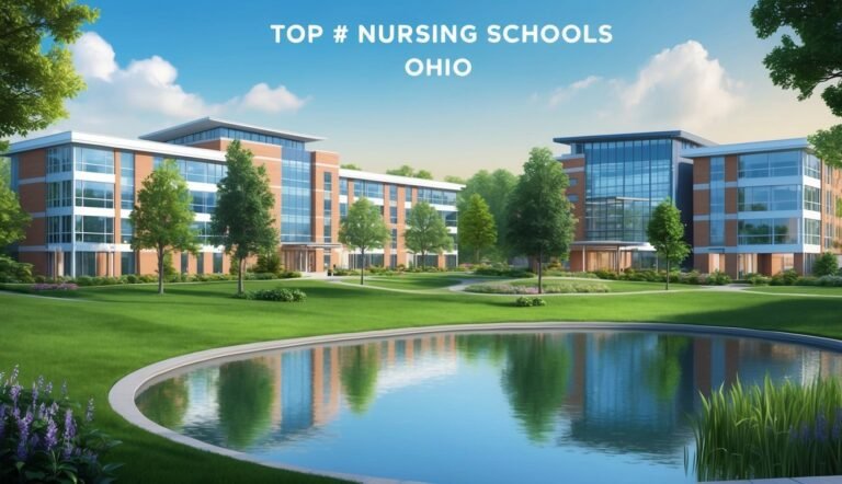 Modern university buildings with a pond on a green campus, Ohio nursing schools