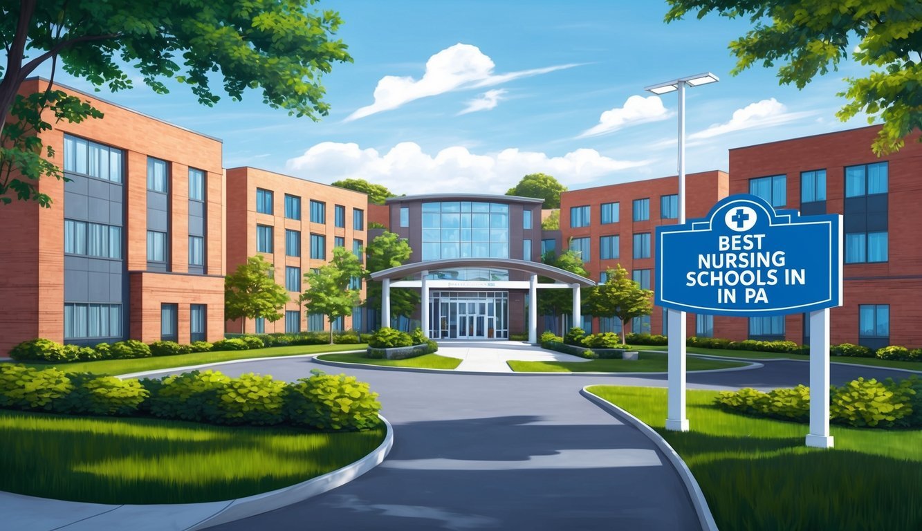 Nursing school building with sign "Best Nursing Schools in PA"