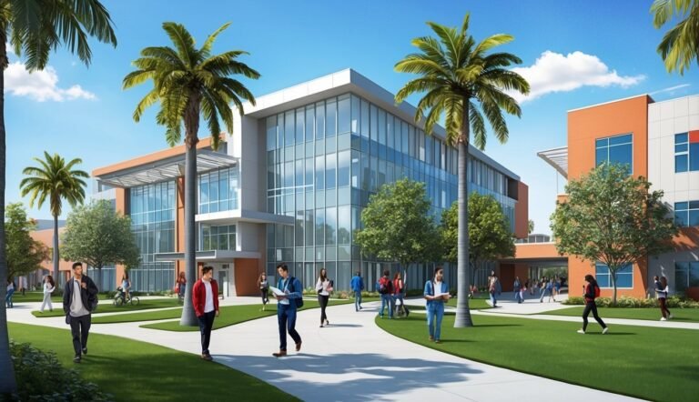 Modern college campus with students walking on pathways, palm trees, and buildings