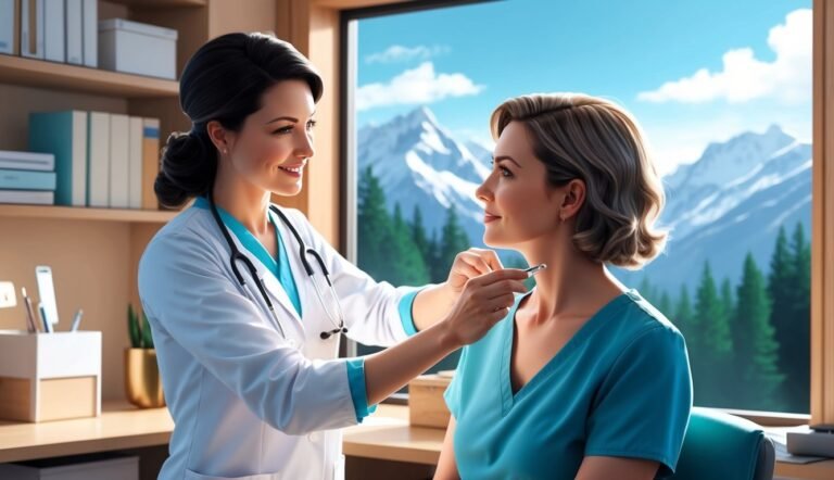 Doctor examining a patient's throat with a thermometer in a medical office