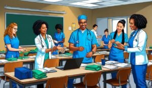 Medical students in a classroom, interacting and working together