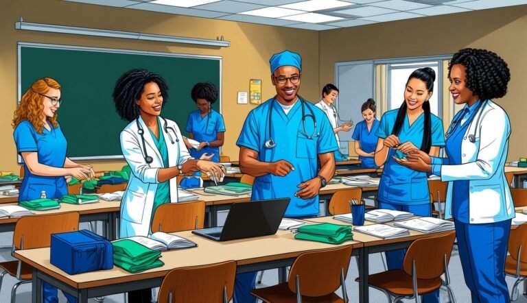Medical students in a classroom, interacting and working together
