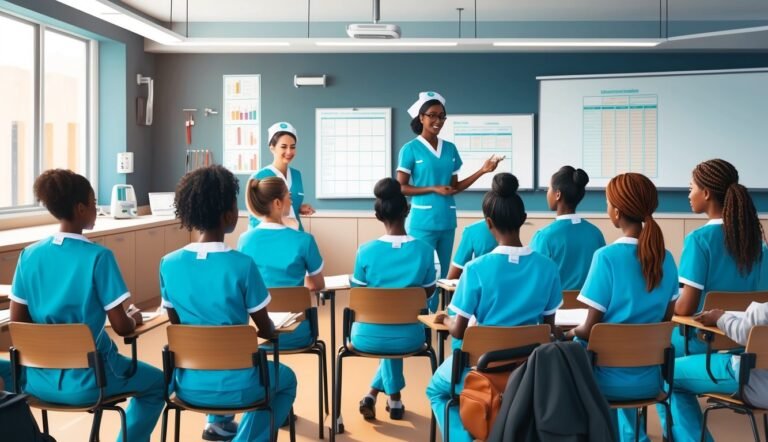 Nursing students in a classroom listening to a presentation