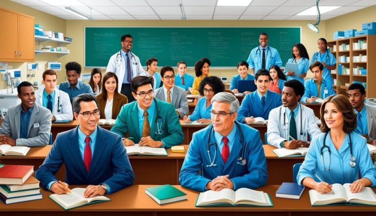 Medical students in a classroom, taking notes, with professors and a chalkboard