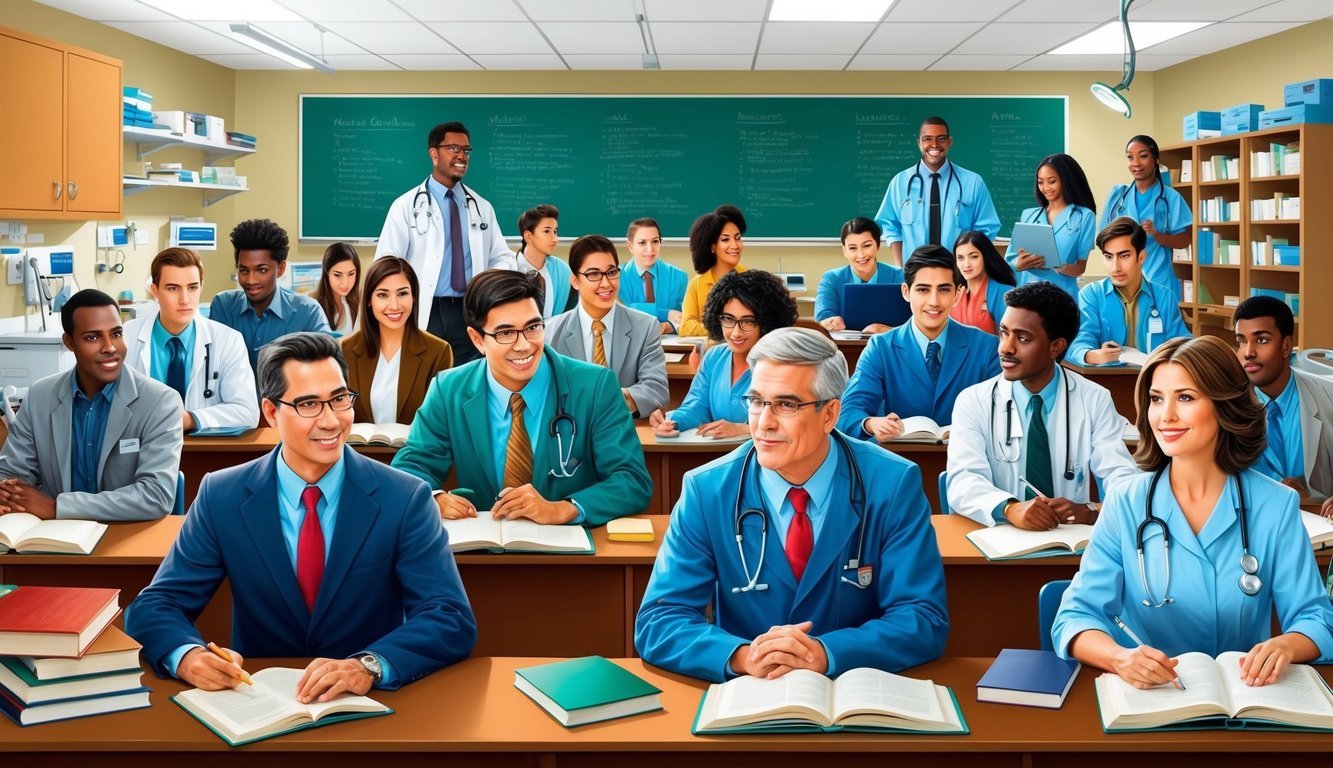 Medical students in a classroom, taking notes, with professors and a chalkboard