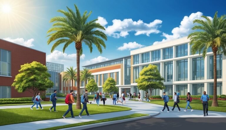 Students walking on a college campus with buildings, palm trees, and blue sky