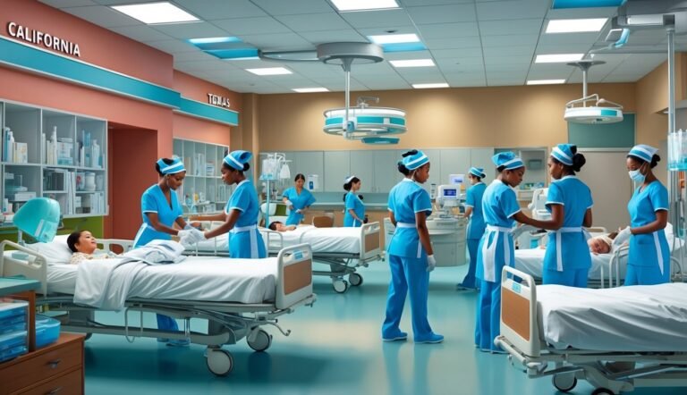Hospital room with nurses attending to patients in beds