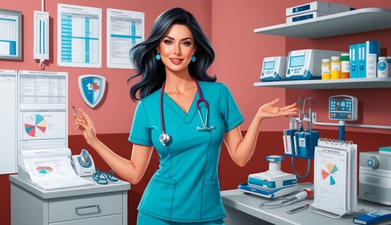 Smiling nurse in scrubs with stethoscope, medical equipment in background