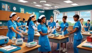 Nurses in blue scrubs practice with medical equipment in a classroom