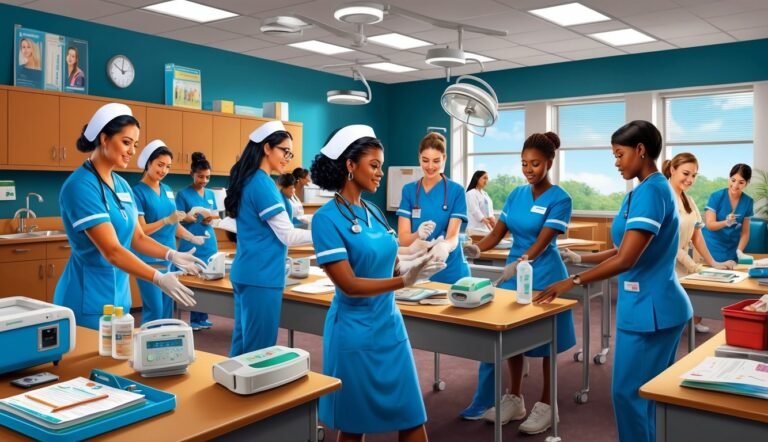 Nurses in blue scrubs practice with medical equipment in a classroom