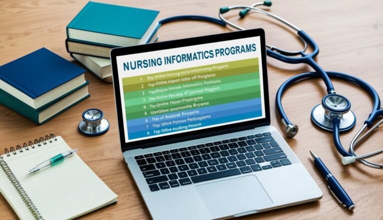 Laptop displaying "Nursing Informatics Programs" list, stethoscope, books, and notepad on desk