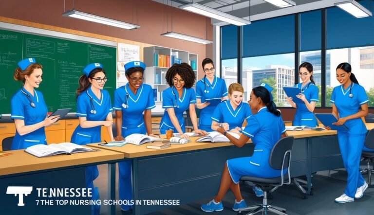 Group of nurses in blue scrubs studying at a table in a classroom