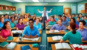 Medical students in a classroom, smiling at a professor with arms outstretched